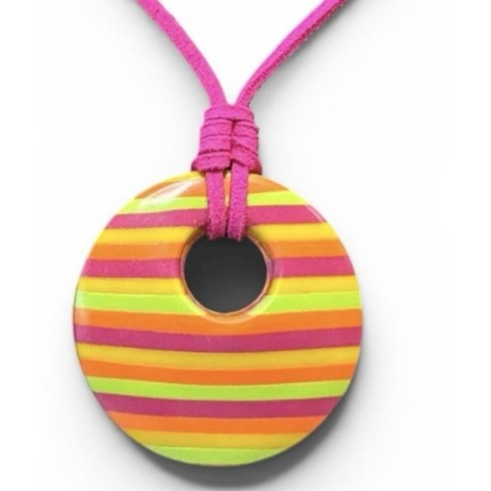 Handmade Rainbow Striped Large Round Polymer Clay Large Pendant Necklace on Cord